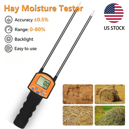 GS120A Digital Hay Moisture Meter - 0–80% Moisture Tester with LCD Probe for Hay, Straw & Grass Bales