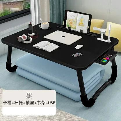 Foldable Laptop Desk for Bed & Sofa – Portable Lap Table with Cup, Book Holder, Drawer, and USB Slot