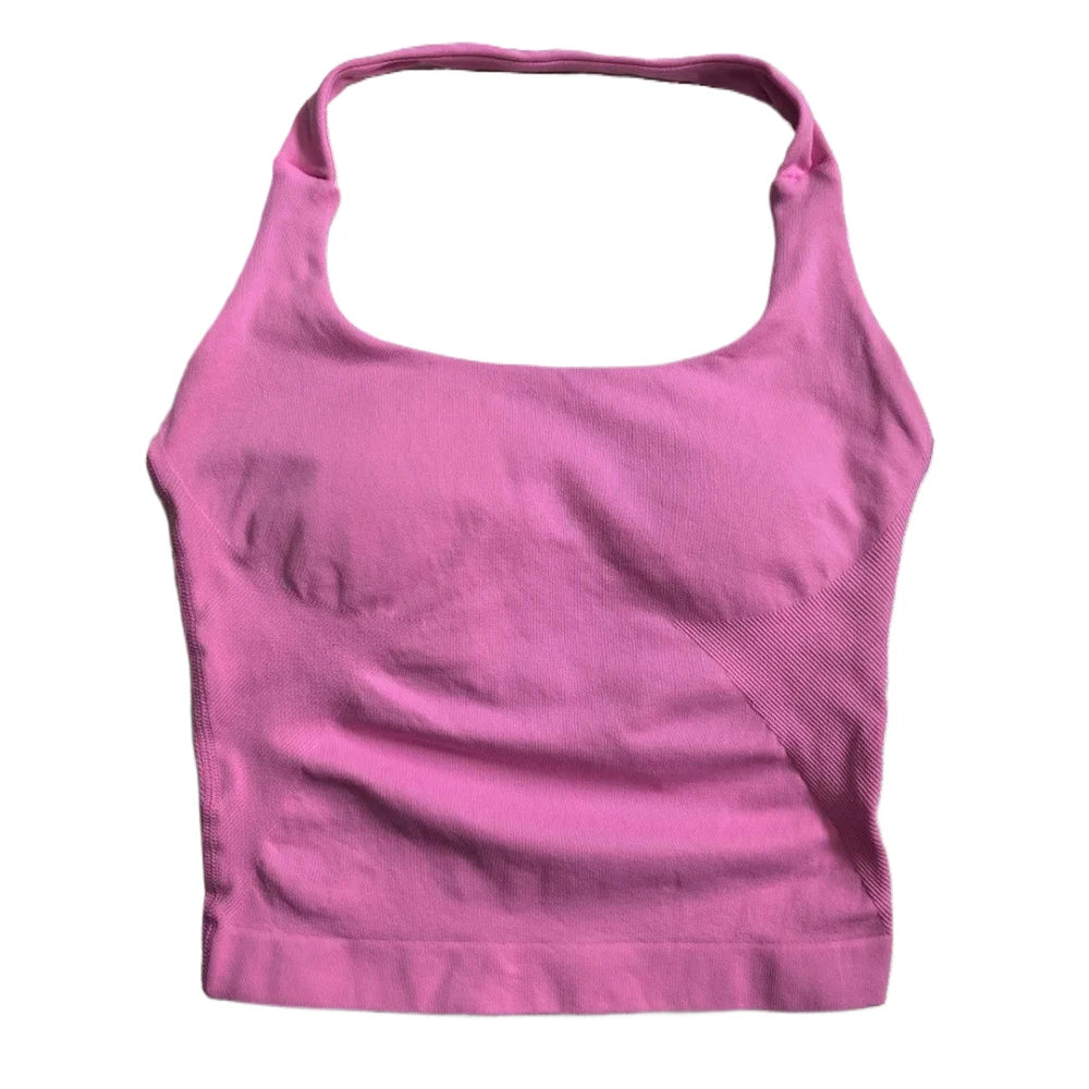 Women’s Strappy Gym Tank Top – Padded Sports Bra Backless Seamless Yoga Crop Top Halter Fitness Vest Activewear