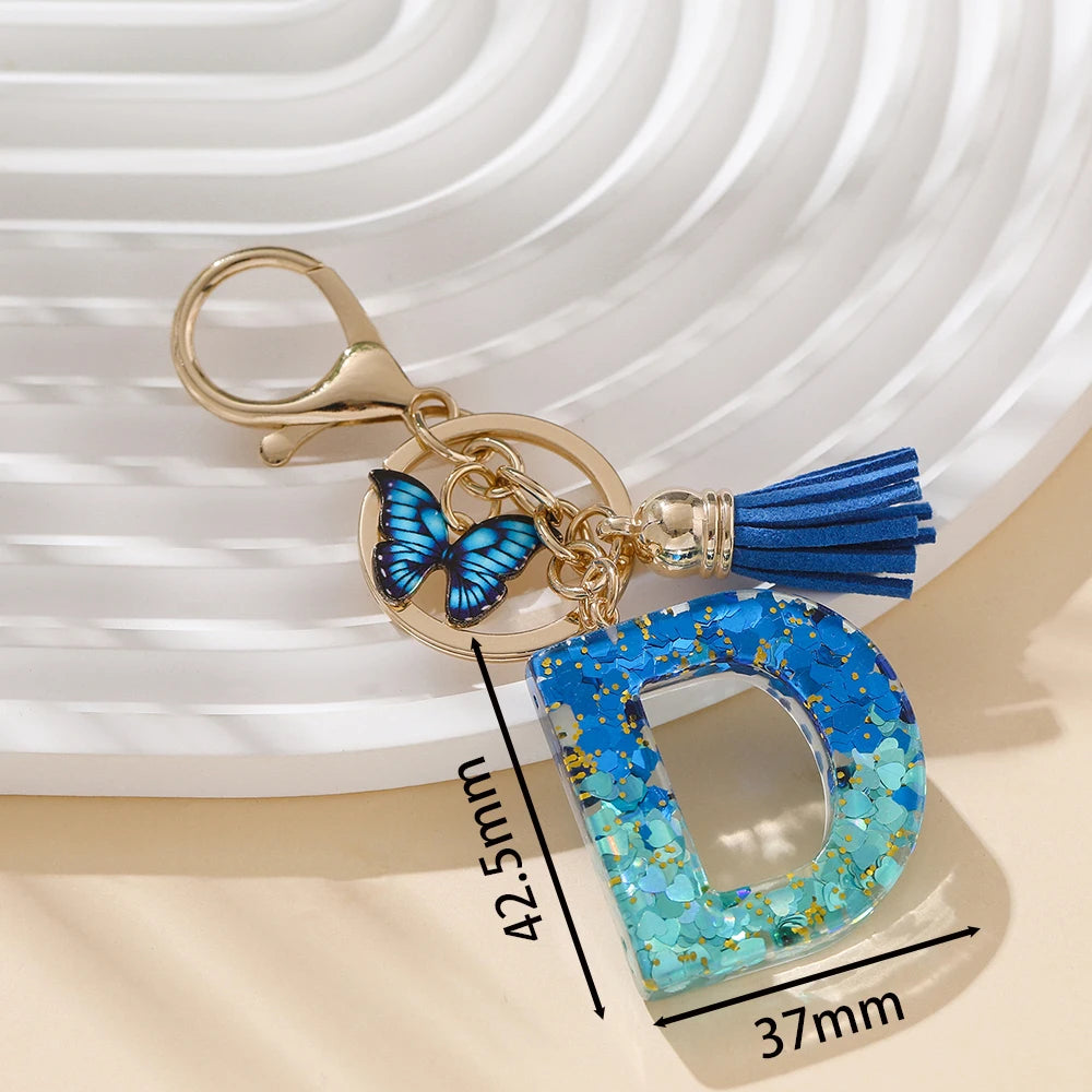 Royal Blue Butterfly Initial Keychain - Alloy Alphabet Letter & Tassel Backpack Charm