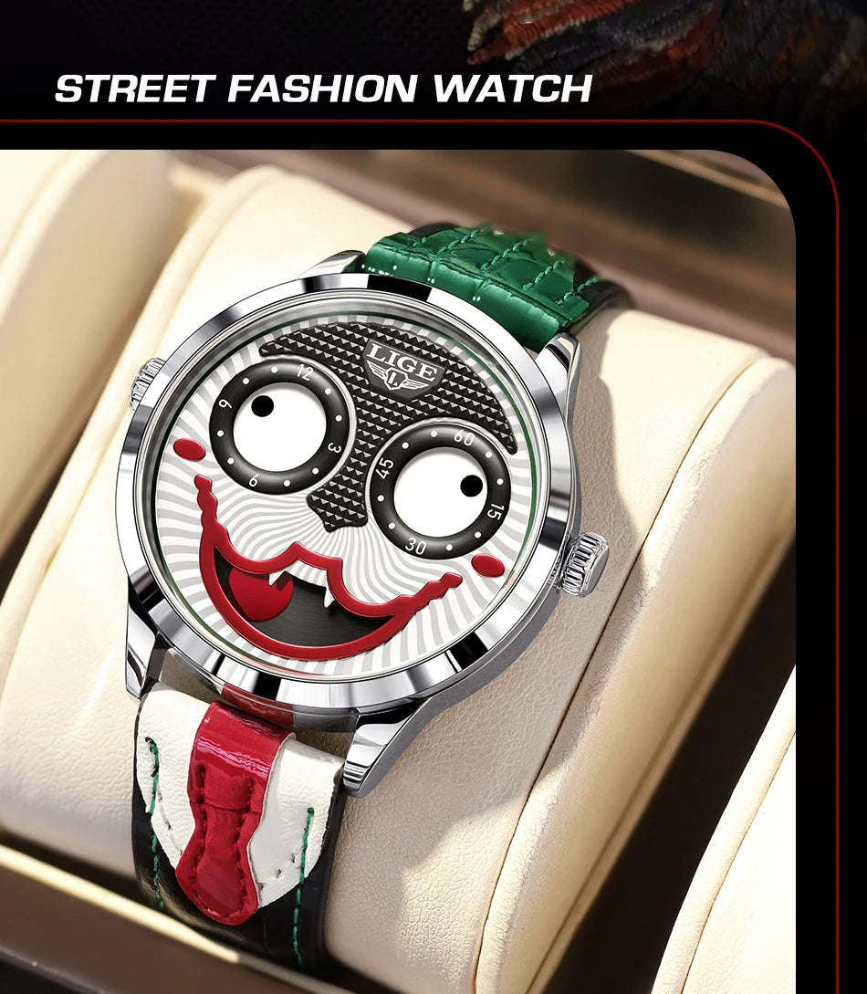 LIGE 2025 Men’s Creative Clown Quartz Watch – Waterproof Leather Strap Joker Fashion Wristwatch