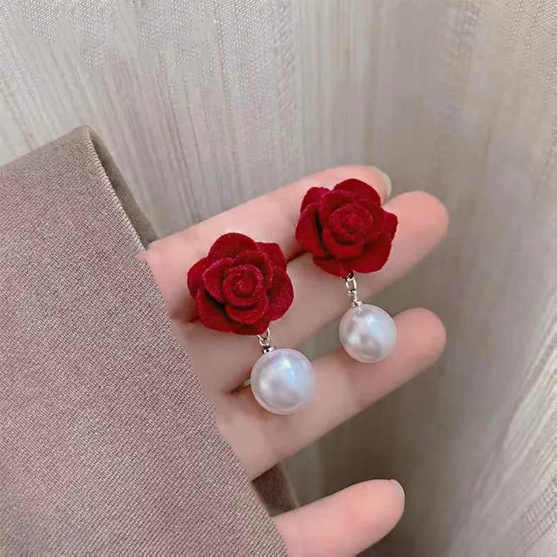 French Red Rose Tassel Earrings - Elegant Flower Zircon Dangle Jewelry for Bridal Weddings & Parties