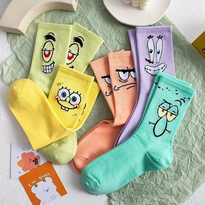 5-Pair SpongeBob Anime Cotton Socks — Breathable Long Tube Mid-Calf Socks for Boys & Girls, Comfortable Student Gift