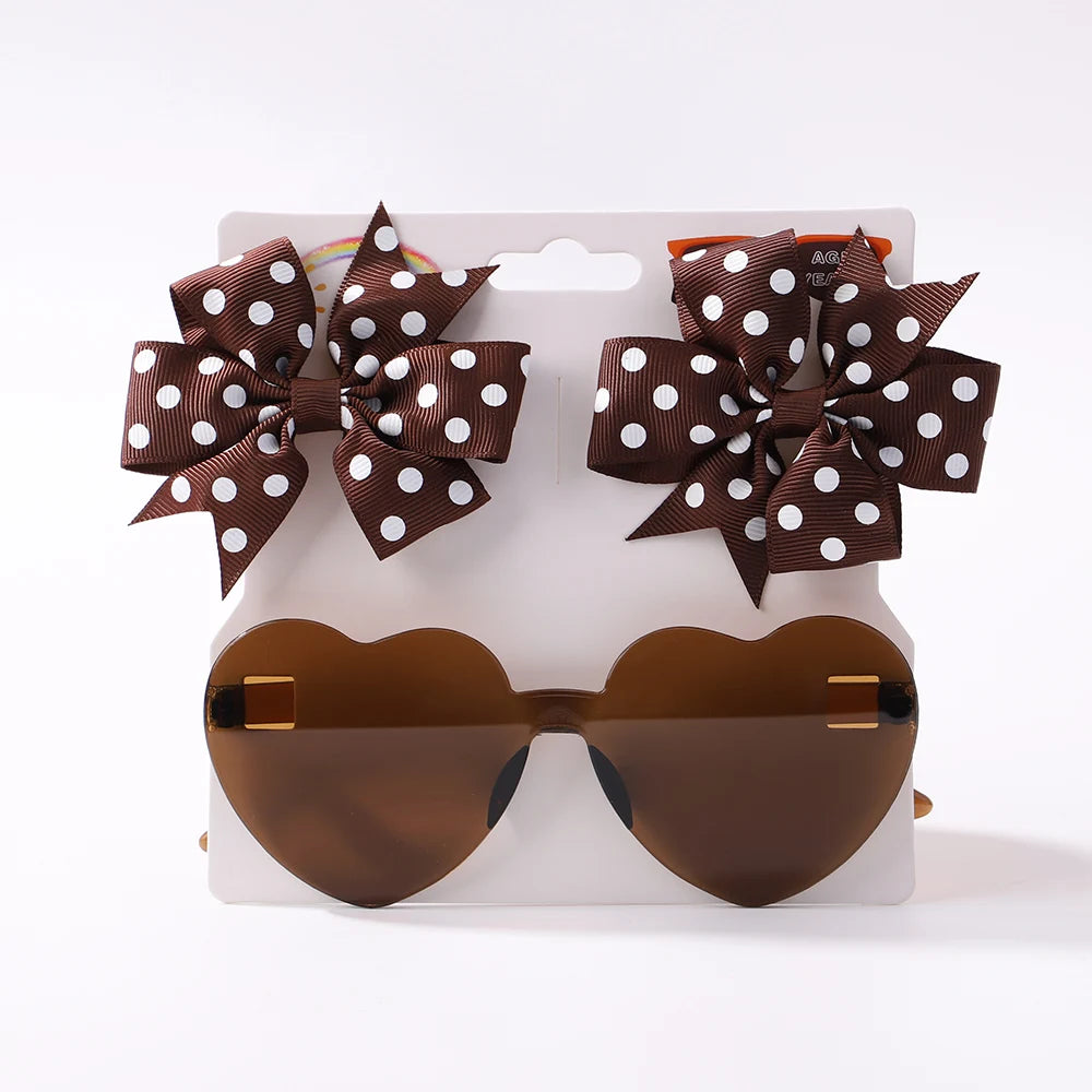 3Pcs/Pack Solid Dot Hair Bows – Colorful Boutique Bowknot Clips for Girls, Heart & Sunglasses Hair Accessories
