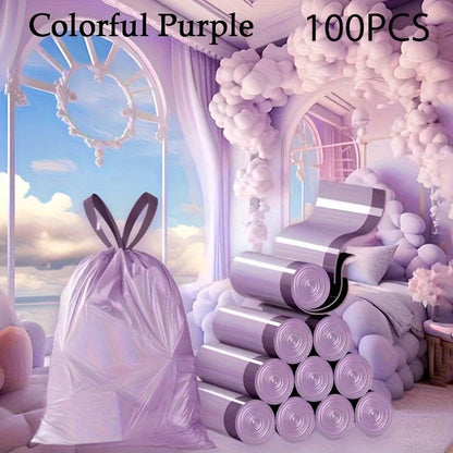 Purple Drawstring Trash Bags 100-Pack – Thick Leak-Proof Disposable Garbage Bags for Kitchen Bathroom Home Use Bin Liners