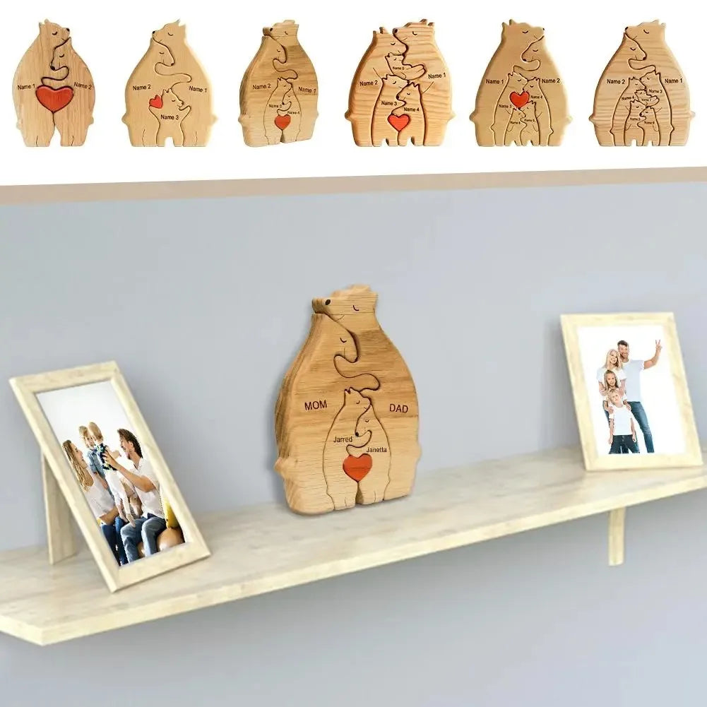 Personalized Wooden Bear Family Puzzle – Custom Name Home Decor, Thanksgiving & Christmas Gift for Mom & Baby