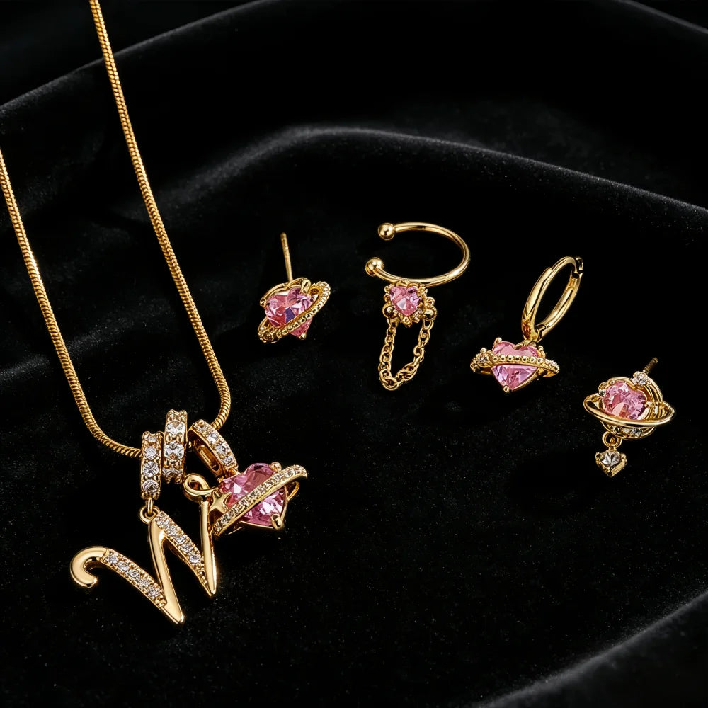 Gold Zircon Flower Letter Necklace - A-Z Alphabet Pendant Jewelry Gift for Women