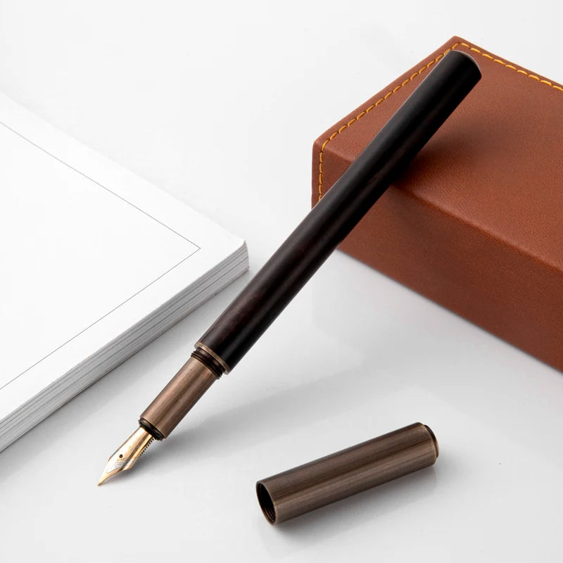 Luxury Retro Wood & Bronze Fountain Pen – 0.5mm Calligraphy Ink Pen for Office, Business & Gift Stationery
