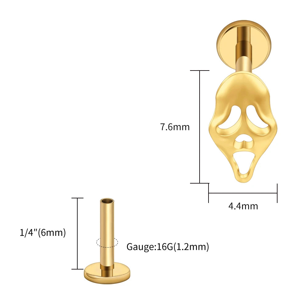 Right Grand ASTM F136 Titanium 16G Ghost Face Flat Back Earring – Halloween CZ Cartilage Stud for Helix, Labret & Nose Piercing Jewelry