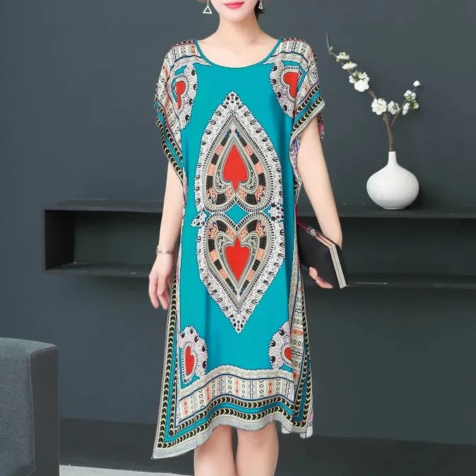 Women’s Bohemian Floral Tunic Dress - Retro Ethnic Print Batwing Sleeve Loose Summer Maternity Streetwear