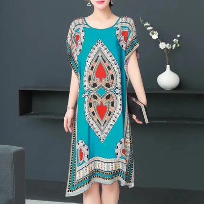 Women’s Bohemian Floral Tunic Dress - Retro Ethnic Print Batwing Sleeve Loose Summer Maternity Streetwear