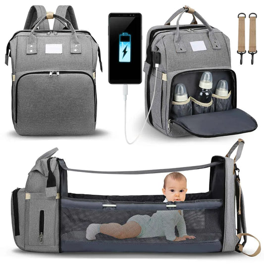Fashionable Mommy Bag: Folding Baby Bed with Large Capacity for Milk Bottles, Diapers, and Double Shoulder Carrying - Portable Mother's Essential