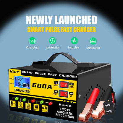 12V/24V Intelligent Car Battery Charger – 600A Digital LCD Pulse Repair with Automatic Stop & Temperature Detection