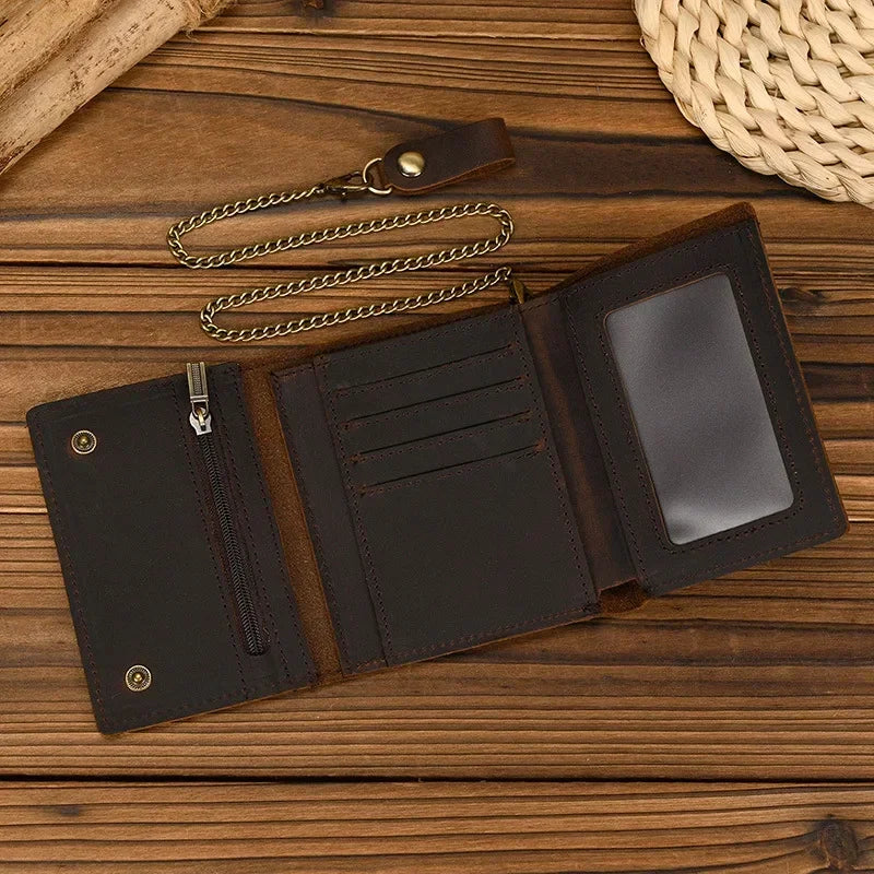 Men’s Genuine Leather Short Wallet with Chain – Trifold Zipper Clutch, Card Holder & Coin Purse
