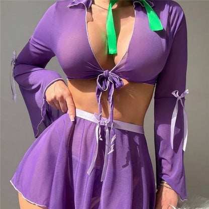Women's Halloween Daphne 4-Piece Costume Set - Sheer Mesh Tie-Front Crop Top Flare Sleeve Skirt Scarf & Briefs
