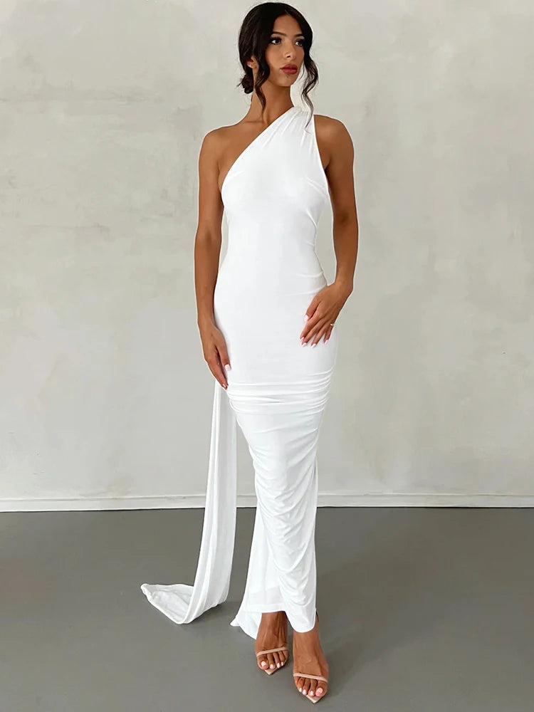 Hugcitar One Shoulder Backless Maxi Dress for Women – Adjustable Scarf Ruched Sexy Elegant Y2K Festival & Streetwear Party Outfit