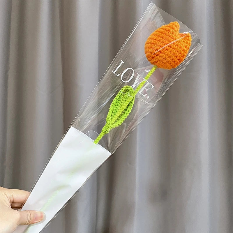 Tulip & Sunflower Knitting Flower Bouquet – Handcrafted Crochet Carnations, DIY Handmade Fake Flowers for Decor