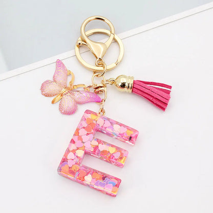 A-Z Letter Acrylic Keychain - Pink Butterfly Tassel Bag Charm & Key Ring