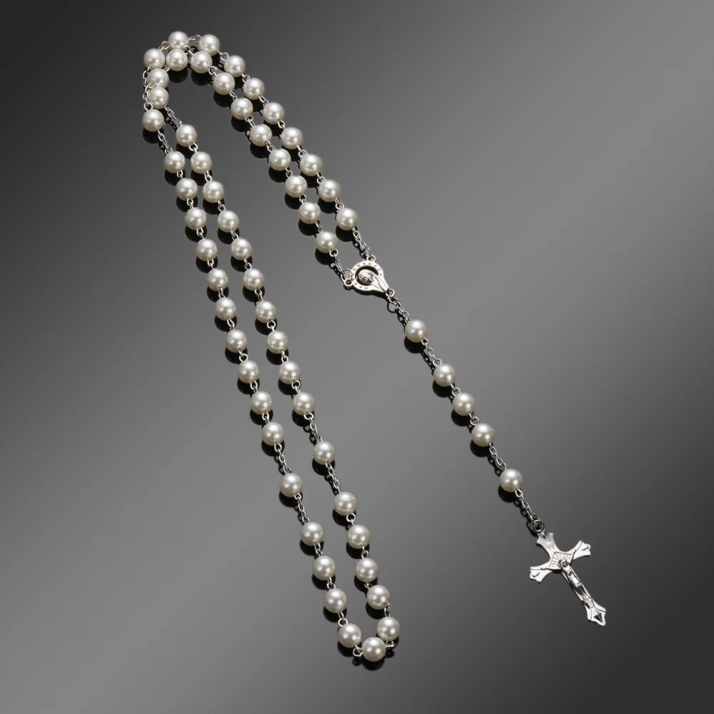 Rosary Beads Cross Necklace – Catholic Virgin Mary Pendant Chain Religious Jewelry Gift for Men & Women Prayer Charm