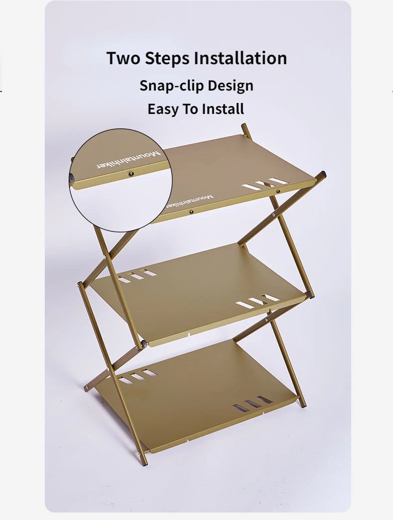 MOUNTAINHIKER Three-Tier Folding Rack – Portable Outdoor Storage Shelf for Camping, Picnic, BBQ & Garden Use