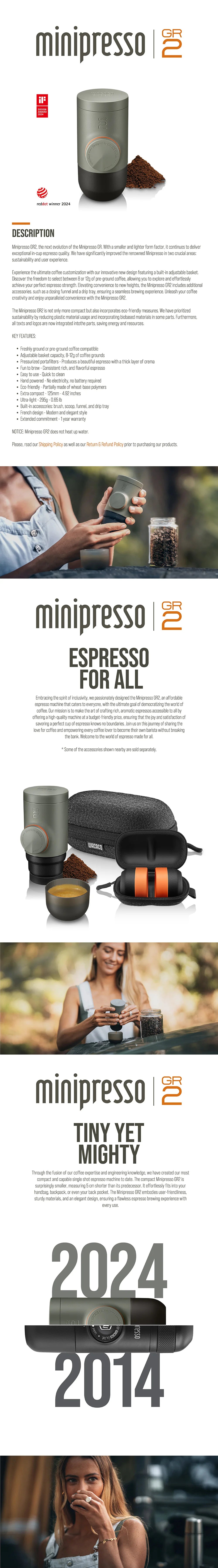WACACO Minipresso GR2 – Portable Espresso Machine for Outdoor, Compatible with Ground Coffee, Travel & Camping Coffee Maker Gift