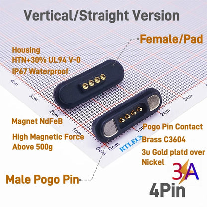 3A Magnetic Pogo Pin Connector - 2–11 Pin Spring-Loaded Male/Female Contact Strip, 2.2mm Pitch