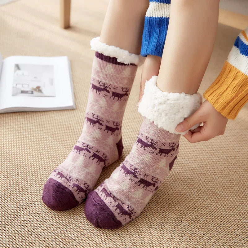 Winter Plush Women’s Non-Slip Floor Socks – Fuzzy Soft Penguin, Deer, Elk & Bear Slippers, Cozy Christmas Gift