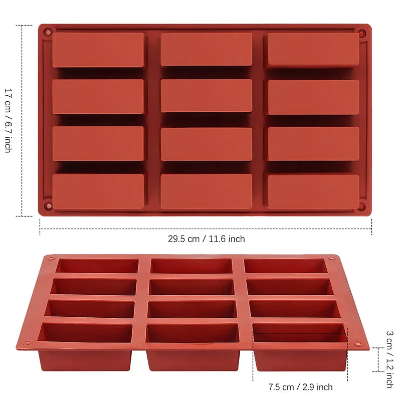 Rectangle Silicone Candy Mold - 12 Cavity Baking Mold for Chocolate Bars, Energy Bars, Cornbread, and Pudding
