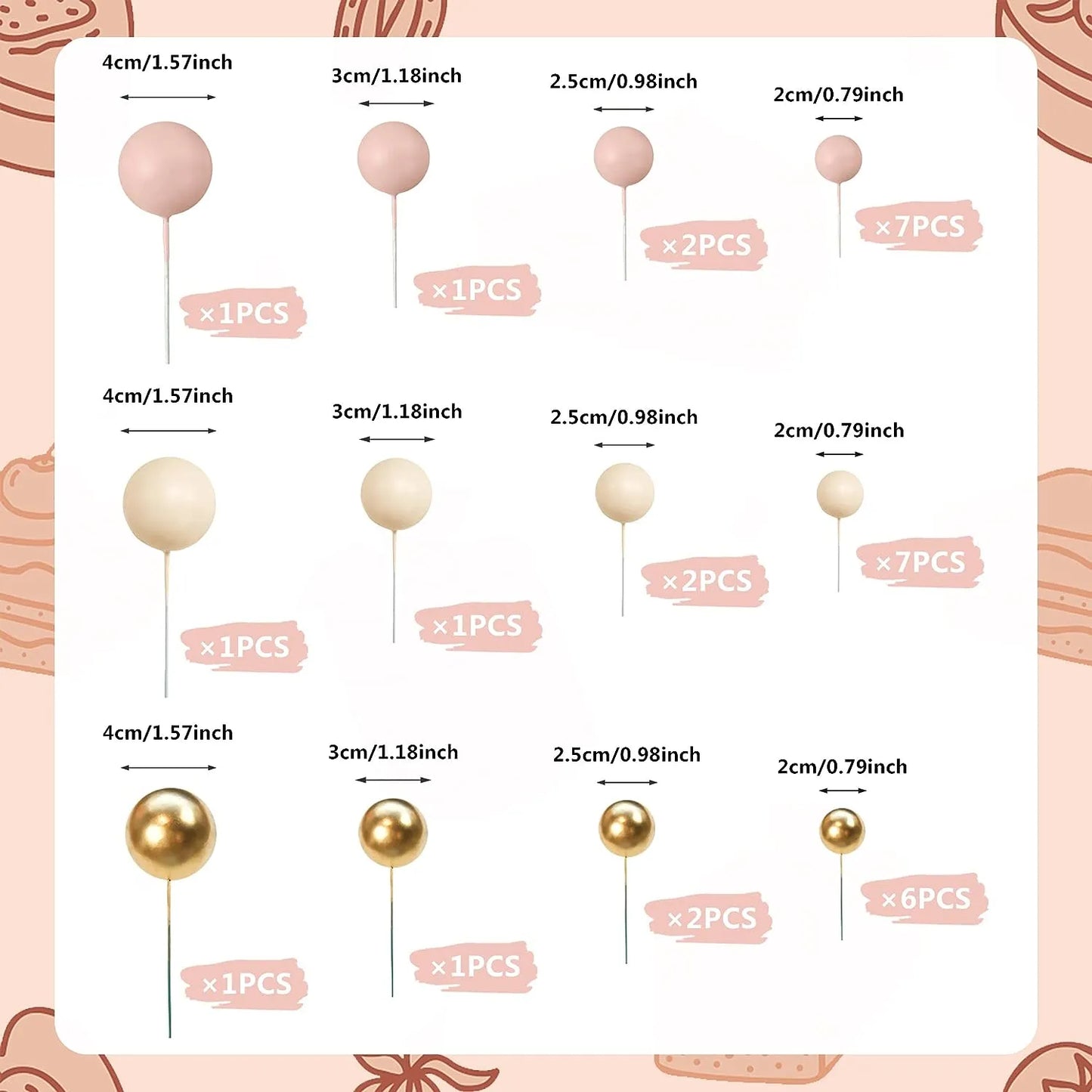 Apricot Gold Light Brown Ball Cake Topper - Bear Theme Cupcake Insert for Birthday Party Favors and Wedding Decor