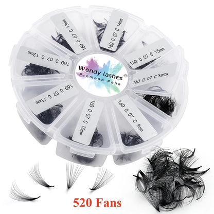 Wendy Lash Premade Volume Fans – 3D/5D/6D/10D/14D/16D Thin Root Eyelash Extensions, Sharp Pointy Stem, 520 Loose Lashes