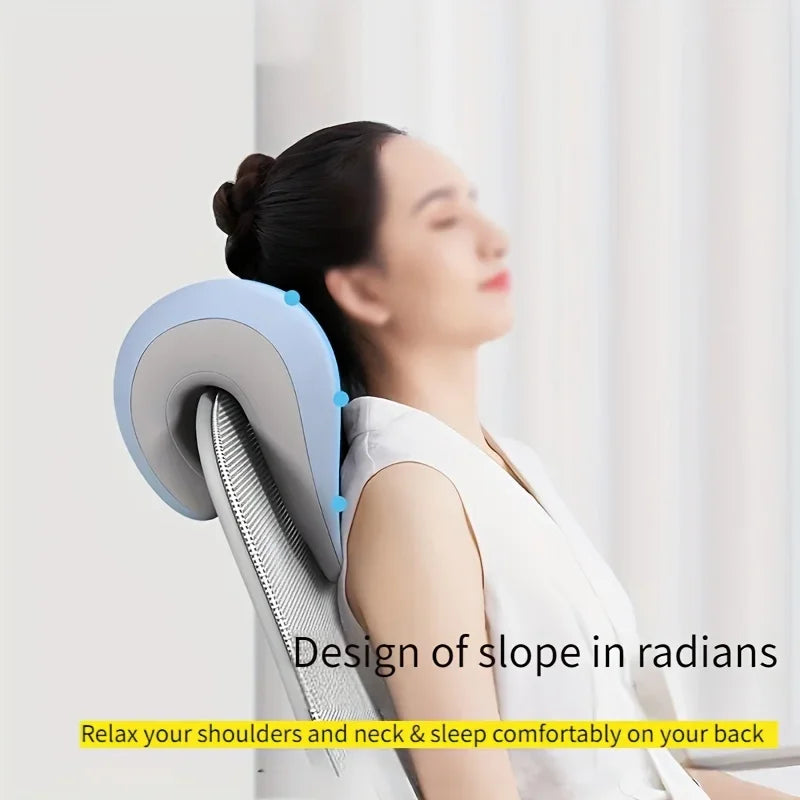 Ergonomic Office Nap Pillow – Portable Light Blue Neck Support Cushion with Adjustable Strap for Supine & Natural Sleep