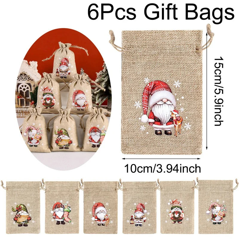 6pcs Christmas Linen Drawstring Gift Bags - Burlap Candy Biscuit Pouches for Holiday Decor & Xmas Gift Packaging