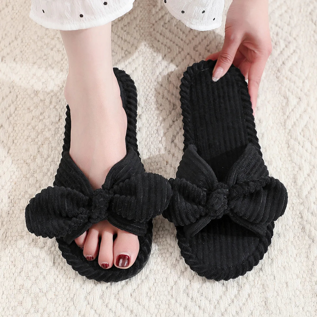 Women’s Corduroy Bow Slippers – Soft Casual Home Shoes, Silent Light EVA Anti-Slip Herringbone Slippers for Autumn & Winter