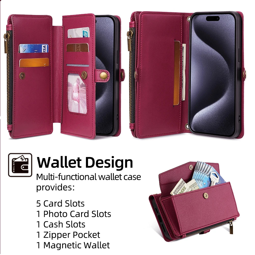 Magnetic Leather Wallet Phone Case for iPhone SE (2020/2022) to 15 Pro Max – Flip Cover with Card Holder & Stand Function