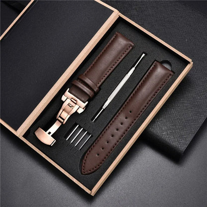 Genuine Leather Watch Strap - 18mm, 20mm, 22mm & 24mm Replacement Band with Butterfly Buckle for Men and Women
