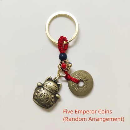 Vintage Lucky Cat Keychain - Handmade Feng Shui Five Emperors Coins Car Key Ring