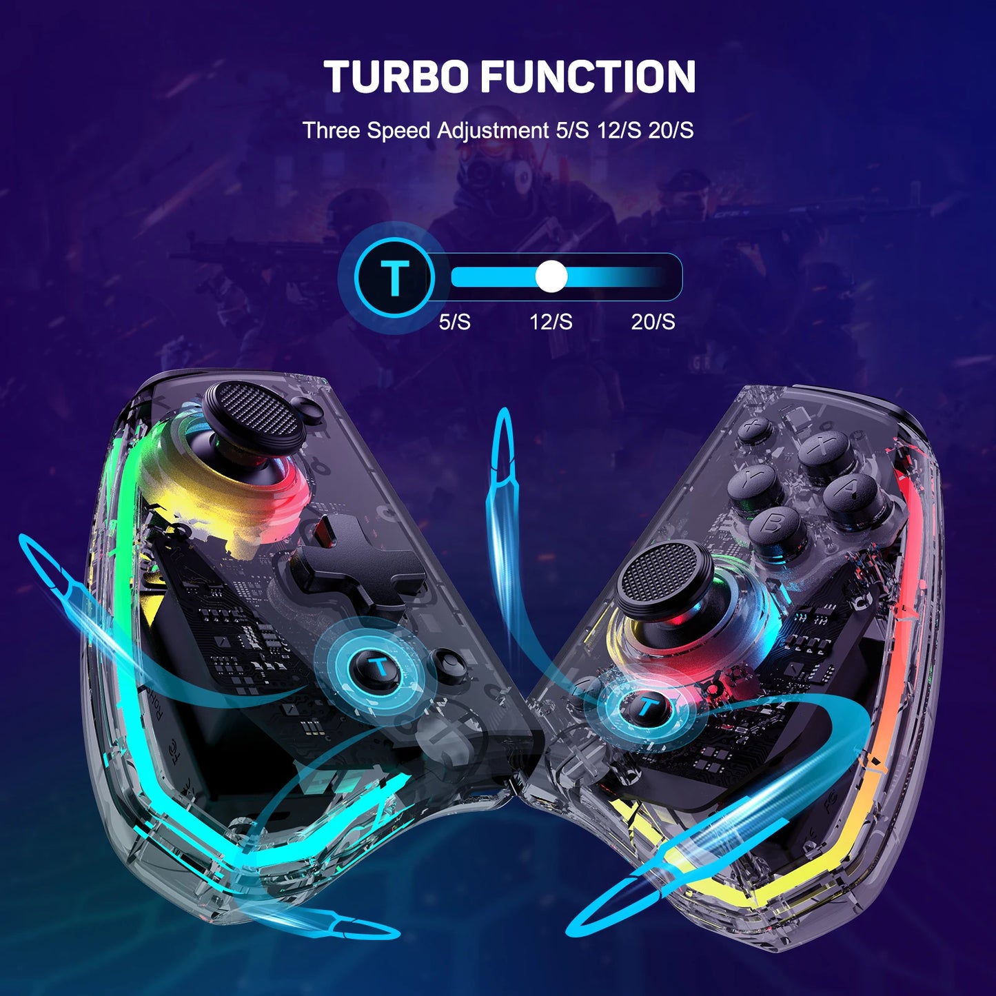 LinYuvo KS40 Transparent Wireless Joy-Pad – 8 Color LED Controller with Turbo Function for Switch/NS OLED & Lite