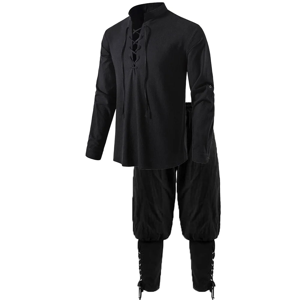 Men's Medieval Knight Costume Set – Renaissance Pirate Shirt & Ankle Pants Halloween Cosplay in Cotton Linen