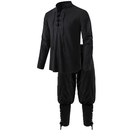 Men's Medieval Knight Costume Set – Renaissance Pirate Shirt & Ankle Pants Halloween Cosplay in Cotton Linen