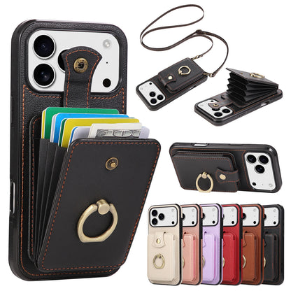 Leather Crossbody Wallet Phone Case with Zipper Card Slots – Lanyard Ring Holder Cover for iPhone 17/16/15/14/13/12/11 Pro Max & Plus