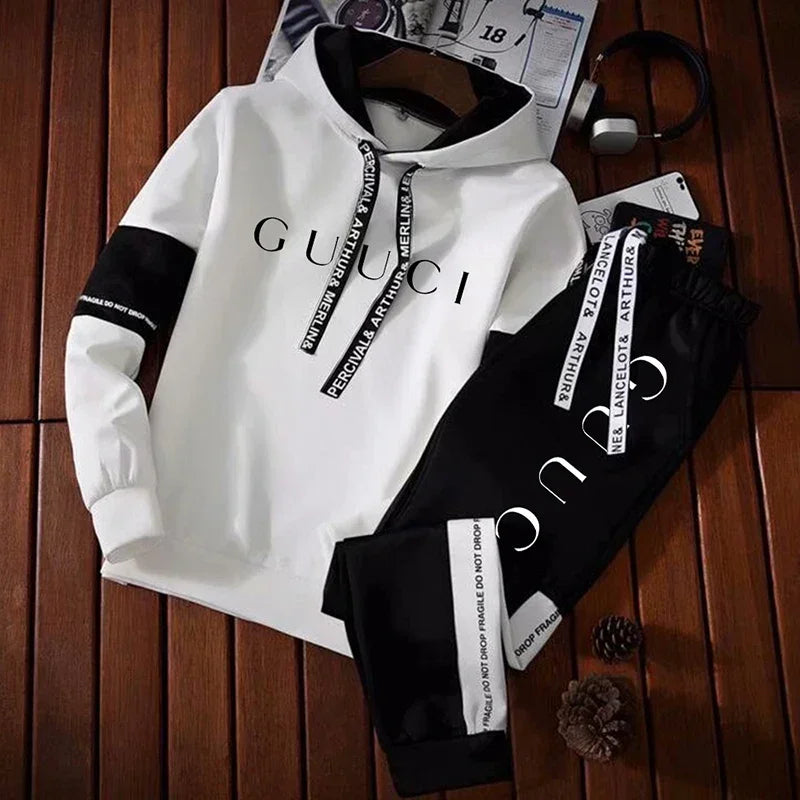 Men's Fashion Tracksuit Set – Hoodie & Sweatpants with Trendy Print | Casual Black & White Jogger Outfit