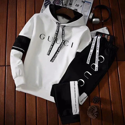 Men's Fashion Tracksuit Set – Hoodie & Sweatpants with Trendy Print | Casual Black & White Jogger Outfit