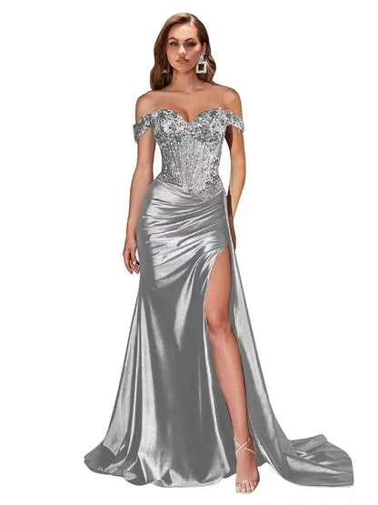 Dark Navy Off-Shoulder Prom Dress – Sweetheart Beaded Lace Evening Gown with High Side Slit, 2025 Custom