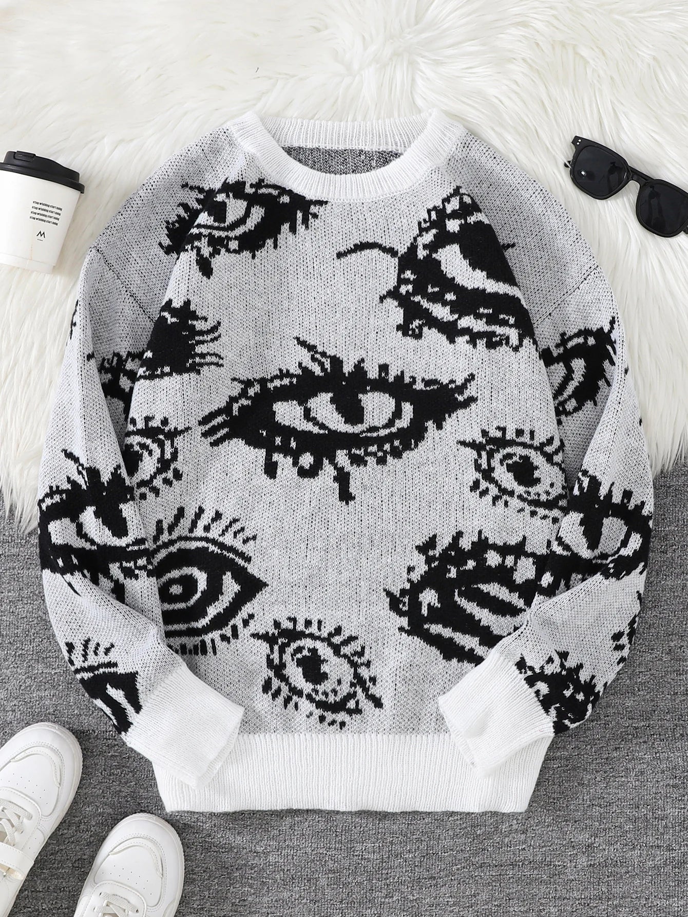 Men's Abstract Eye Jacquard Sweater - Round Neck Knitted Autumn Winter Casual Pullover Top