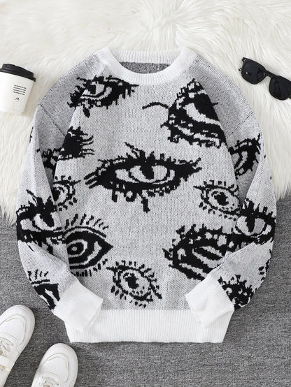 Men's Abstract Eye Jacquard Sweater - Round Neck Knitted Autumn Winter Casual Pullover Top