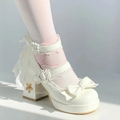 Lolita Butterfly Knot High Heels – Cute Platform Mary Jane Shoes for Girls, Students & Sakura Wedding Dress