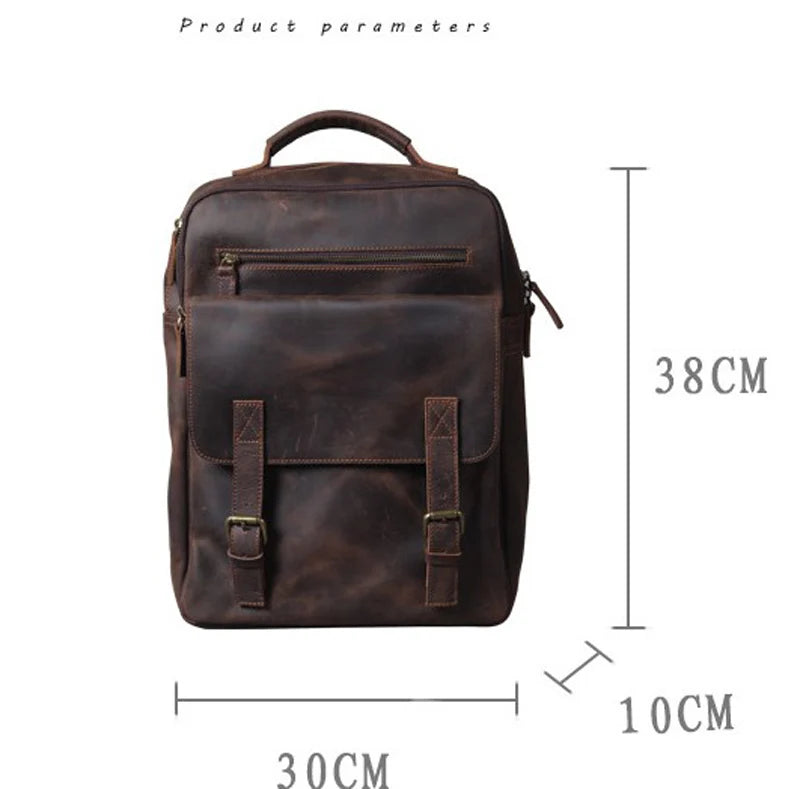 Vintage Crazy Horse Leather Backpack for Men — 17" Laptop Travel Rucksack Cowhide Hiking Bag M815