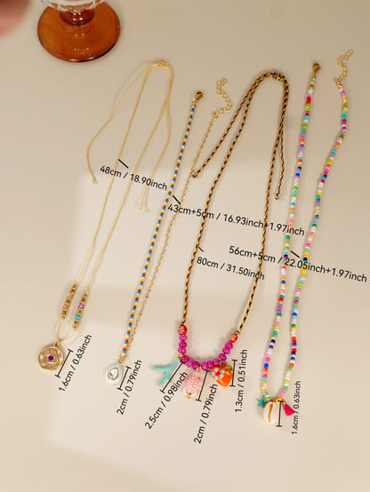 4pcs Bohemian Charm Necklace Set - Ethnic Devil’s Eye, Love Turtle Ceramic Pendant Multi Layer Party Jewelry