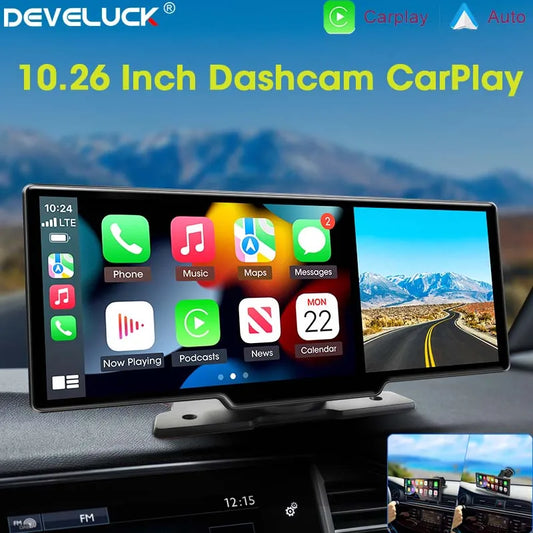 10.26'' 4K Car DVR Dashcam with CarPlay, Android Auto, Dual Lens Front 4K + Rear 1080P, Voice Control, GPS, BT, FM