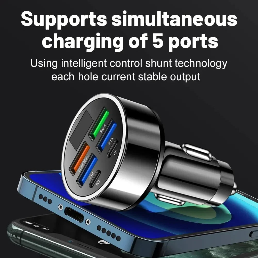 66-250W PD Car Charger – QC3.0 Fast Charge, 1-to-6 Cigarette Lighter Plug with Digital Display